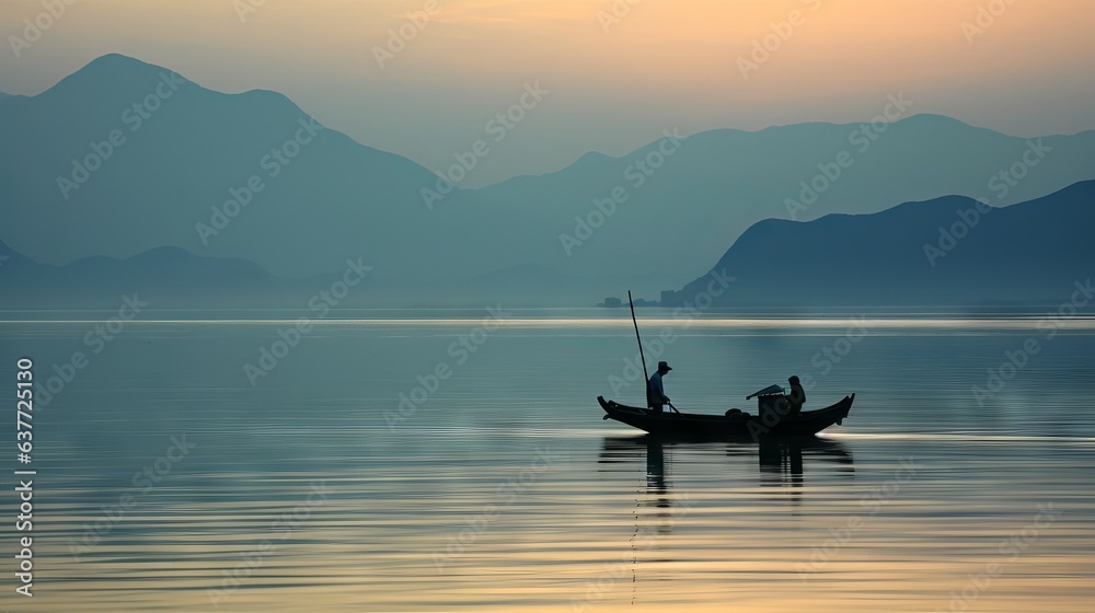 Serene night: ancient Chinese poem inspires 'fishing boat sings at dusk' painting with harmonious water and earth tones