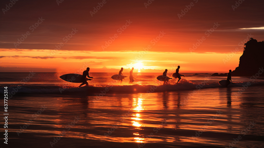 Surfers during sunset sillohutte