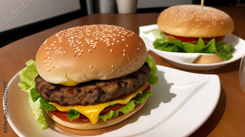 Max Burger featuring Tomato, Lettuce, Bacon, Egg, and Cheddar Cheese, Served on a Freshly Baked Homemade Bun on a Crisp White Plate