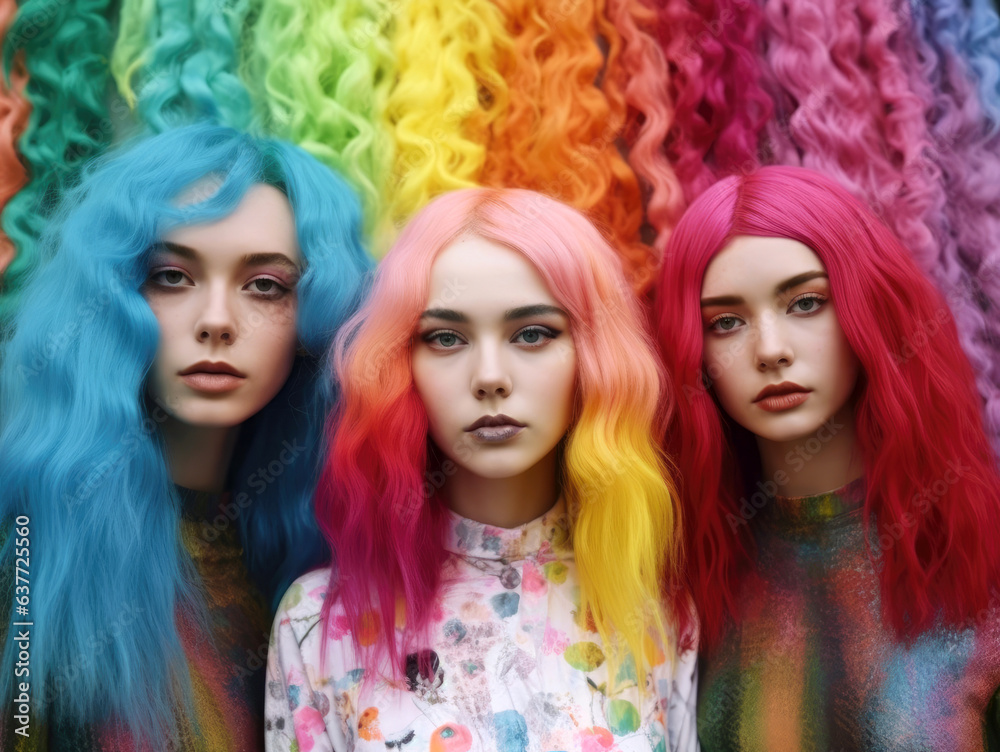 Three women with rainbow hair, generative ai Three women with rainbow hair, generative ai