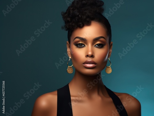 Beautiful african american woman with afro hairstyle, fashion and makeup, portrait photo with golden light shining, diverse cultural black woman