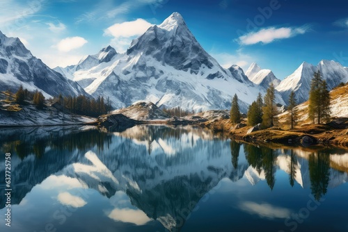 A breathtaking vista of a calm mountain lake nestled amidst majestic snowy peaks beautifully mirror