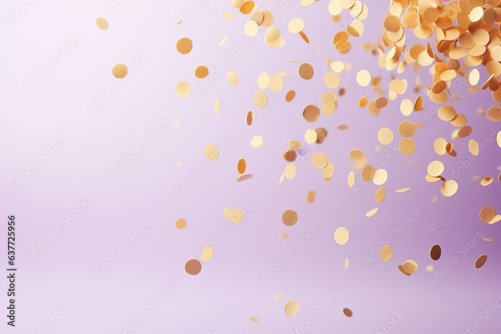 gold confetti flying on a light purple background