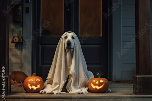 cute dog in a halloween costume with pumpkin and jack o lantern © Pixalogue