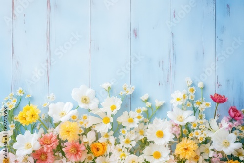 Garden wild flowers over light blue wooden background space for copy