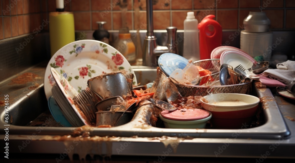 Dirty dishes in a kitchen sink with dirty utensils - obrazy, fototapety, plakaty 
