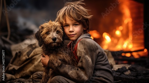 A young boy holding a dog in front of a fire