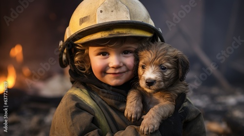 A little boy in a fire helmet holding a puppy