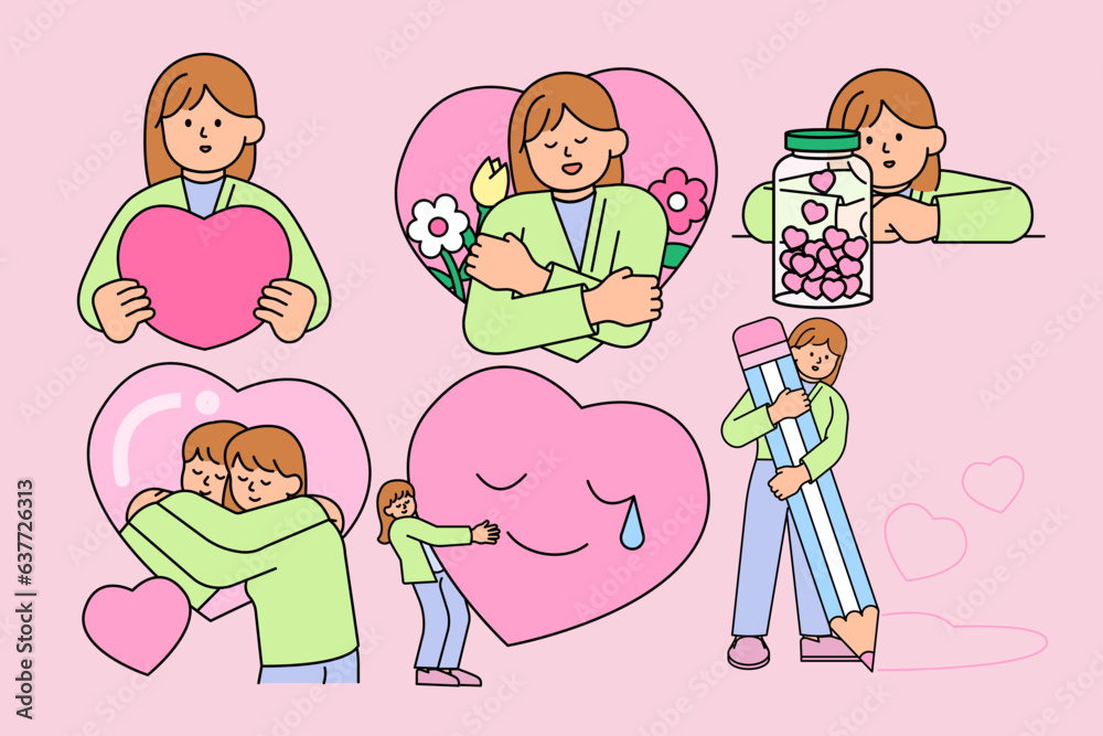 Set of Man and Woman Hugging Themself, Representing the Concept of Self-Care. Simple Style Vector illustration. Set of Man and Woman Hugging Themself, Representing the Concept of Self-Care. Simple Style Vector illustration.
