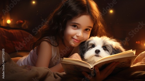 A little girl reading a book with her dog © Maria Starus