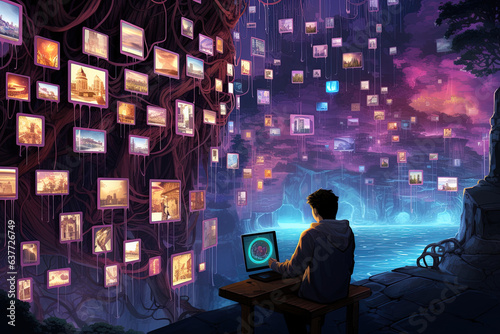 Illustration featuring a surreal arrangement of floating media screens