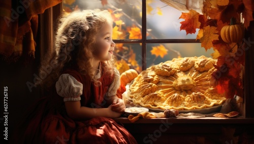 A little girl sitting in front of a pie