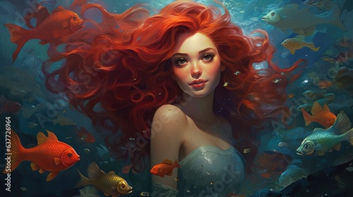Mermaid with red hair is surrounded by fish