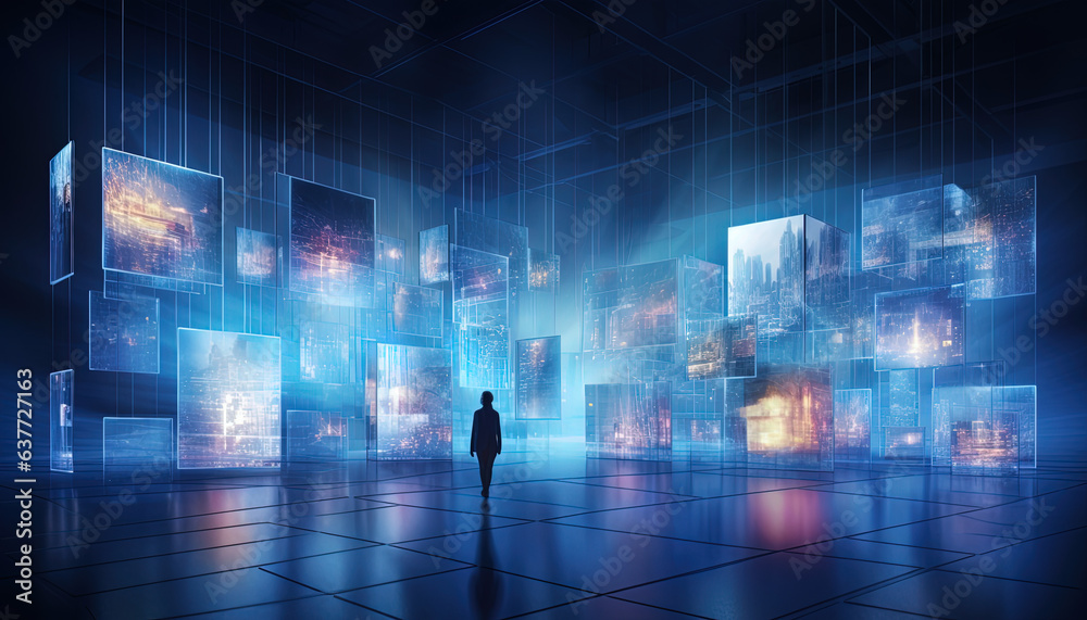 Floating media screens that project images, a combination of technological and ethereal elements Floating media screens that project images, a combination of technological and ethereal elements