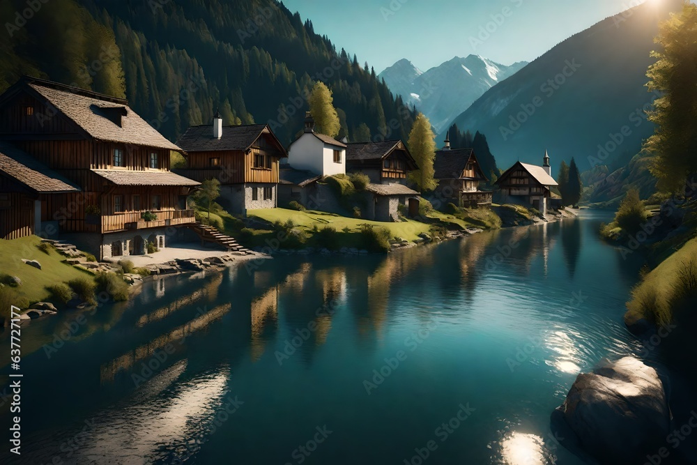 Swiss landscape with river stream and houses 3d render 