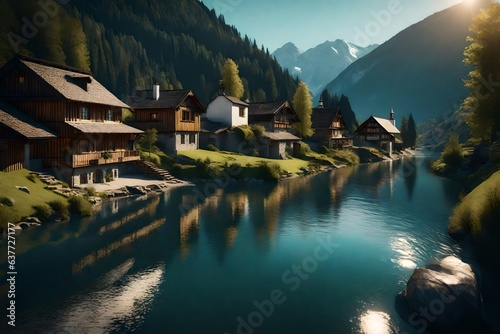 Swiss landscape with river stream and houses 3d render 