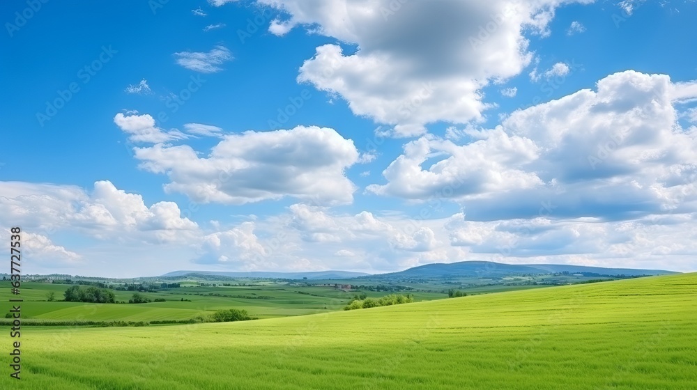 Beautiful panoramic natural landscape, Green field and blue sky with clouds Landscape Beautiful panoramic natural landscape, Green field and blue sky with clouds Landscape