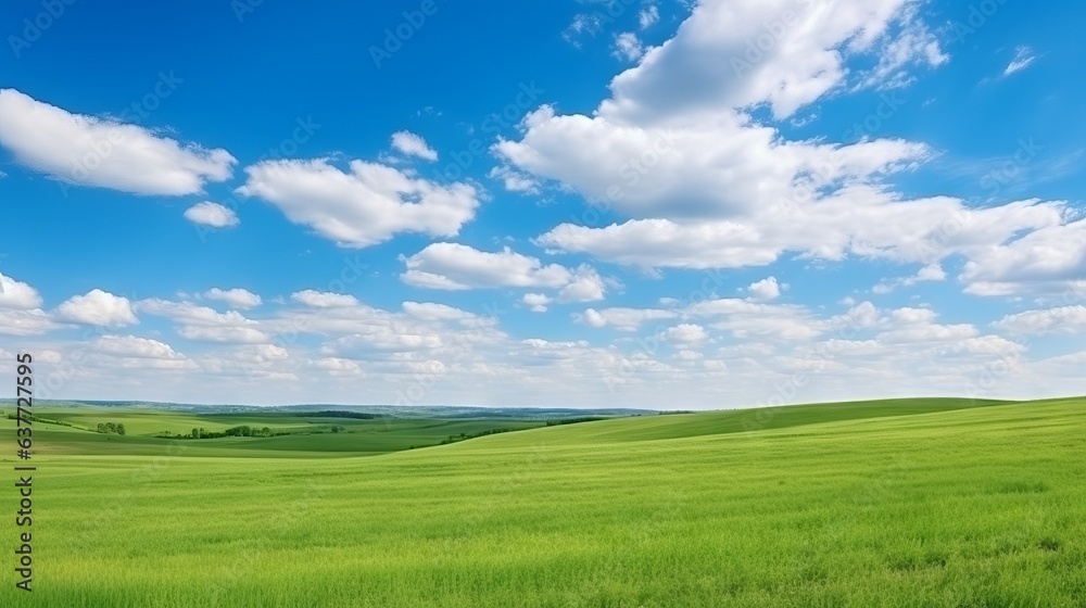 Beautiful panoramic natural landscape, Green field and blue sky with clouds Landscape, green field and blue sky with clouds