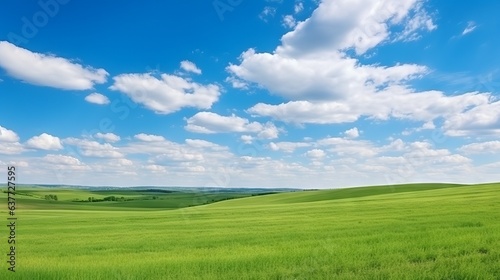 Beautiful panoramic natural landscape  Green field and blue sky with clouds Landscape  green field and blue sky with clouds