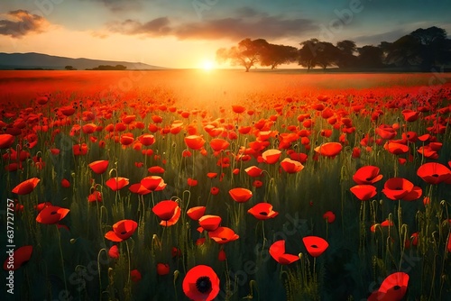 Beautiful nature background with red poppy flower poppy in the sunset in the field. Remembrance day, Veterans day, lest we forget concept. 3d render