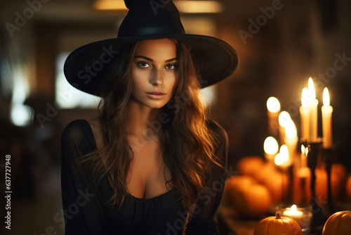 Halloween, sexy charming young woman in witch hat and black dress with pumpkins and candles indoors looking at camera