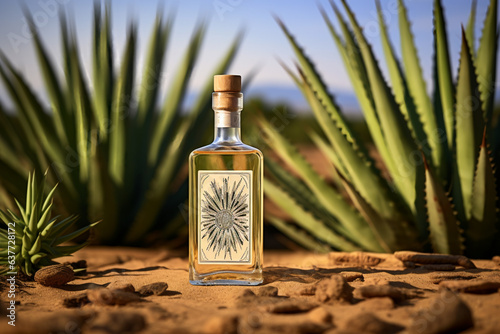 close up of bottle of Sotol Mexican alcohol with Dasylirion wheeleri plant in background photo