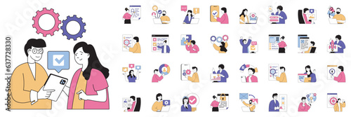 Marketing and development concept with character situations mega set. Bundle of scenes people creating promotion strategy, chatting with client, mailing, other. Vector illustrations in flat web design