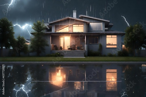 Lighting storm over a suburban house 3d render