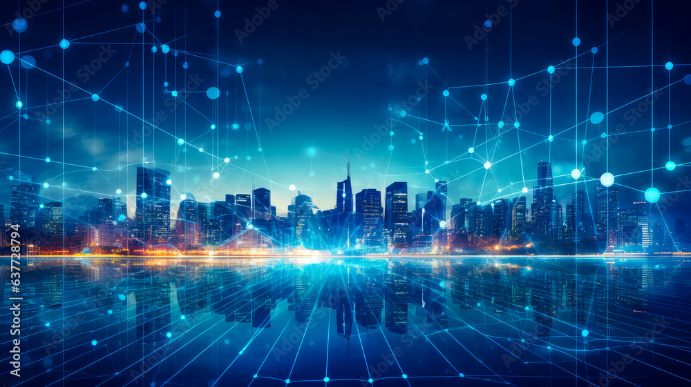 Obraz premium Panorama Skyline von einem Smart City, generiert mit KI