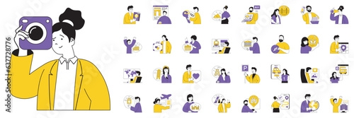 Travel concept with character situations mega set. Bundle of scenes people go on vacation, ordering tickets, booking room, cruise holiday, excursion and other. Vector illustrations in flat web design