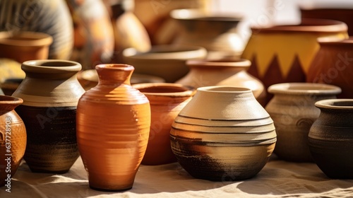 Photograph displays handcrafted clay pottery in earthy hues. 