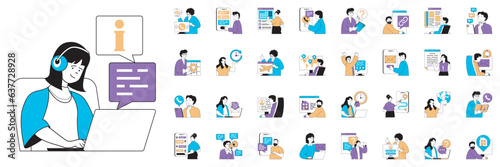 Contact us concept with character situations mega set. Bundle of scenes people calling, sending messages, chatting, searching info for questions and other. Vector illustrations in flat web design