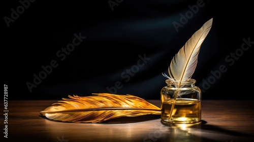 Golden feather quill and ink pot rest elegantly on a pristine white canvas, invoking memories of classic literature. photo