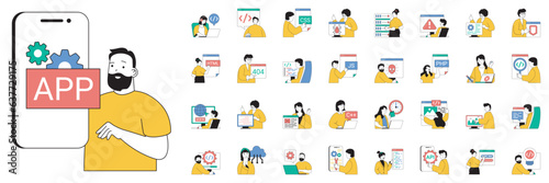 Programming concept with character situations mega set. Bundle of scenes people creating apps and programs, working with code different languages and other. Vector illustrations in flat web design