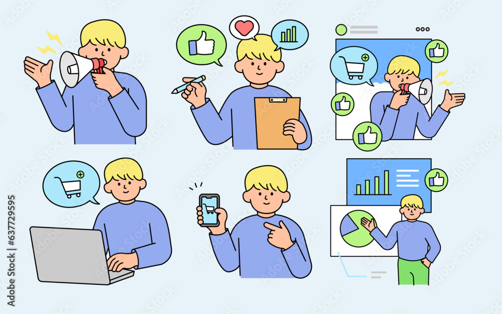 Marketing concept illustrations, including social media advertising, online shopping analysis, and simple vector-style designs Marketing concept illustrations, including social media advertising, online shopping analysis, and simple vector-style designs
