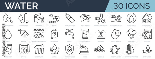 Set of 30 outline icons related to water. Linear icon collection. Editable stroke. Vector illustration