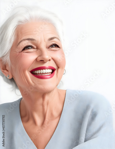 Radiant Smiles: Captivating Grey-Haired Senior Woman, a Picture of Joy. Close-Up Portrait of a Healthy, Beautiful 50s Model Embracing Life. Age Gracefully with Skincare, Beauty, and Dental Care