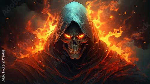Captivating Digital Fantasy Art: Reaper Skull in Fiery Darkness