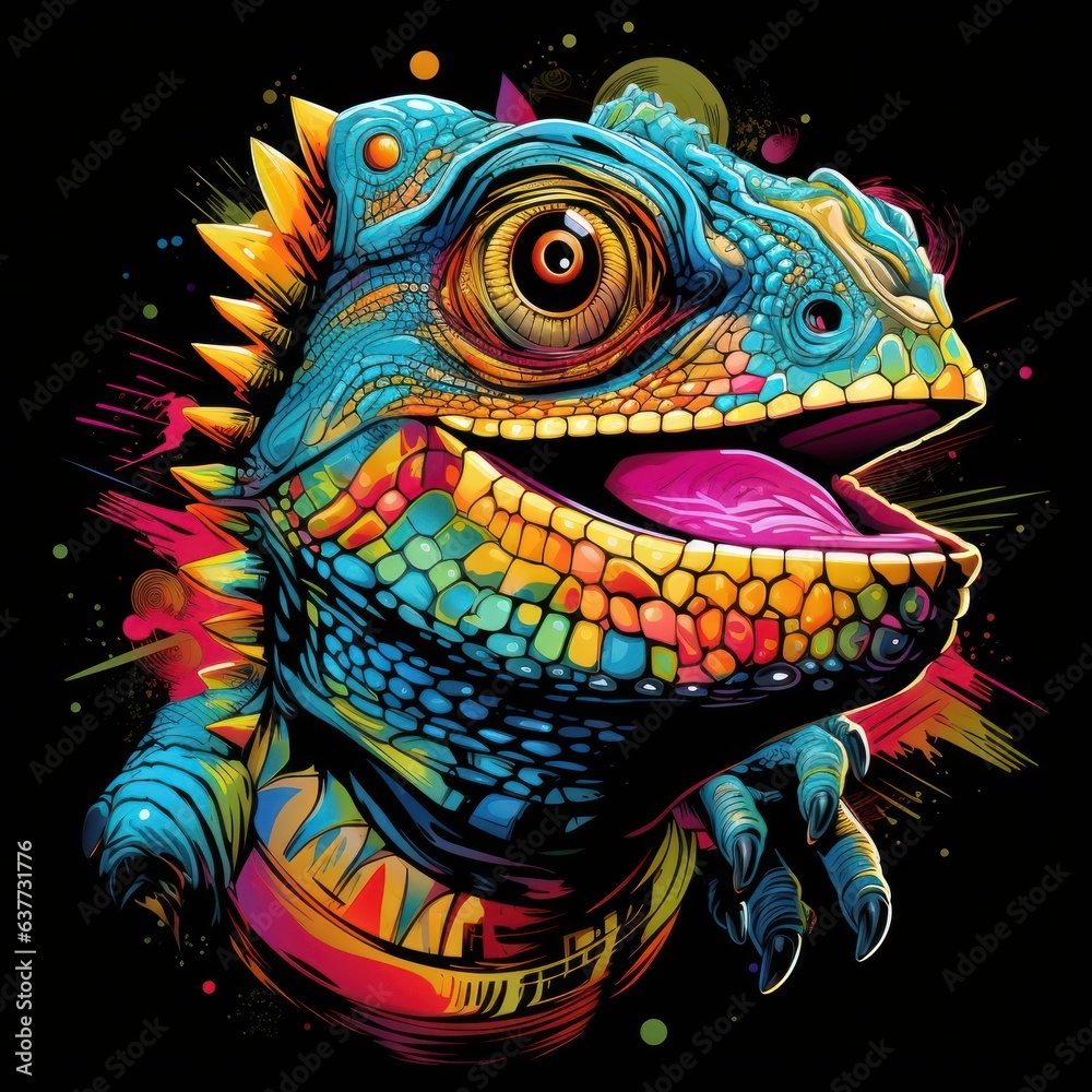 A neon chameleon with a retro twist, showcasing its vibrant colors on a shirt design that transports you to the '80s A neon chameleon with a retro twist, showcasing its vibrant colors on a shirt design that transports you to the '80s