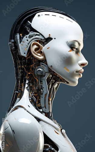 Android robot face portrait on blue gray background. Artificial intelligence concept. Futuristic female robot white head with technology neural system. Generative AI androgynous head-shot.