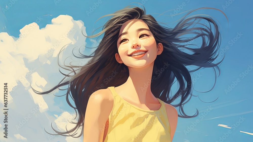 Joyful girl in light yellow dress enjoying summer day with azure sky and white clouds - girl illustration concept Joyful girl in light yellow dress enjoying summer day with azure sky and white clouds - girl illustration concept