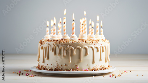 Vanilla birthday cake on white table