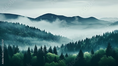 Mystical Green Mountain Forest: Misty Foggy Landscape in Enchanting Haze