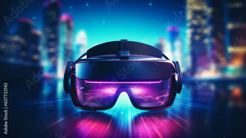 VR Headset on futuristic neon background
