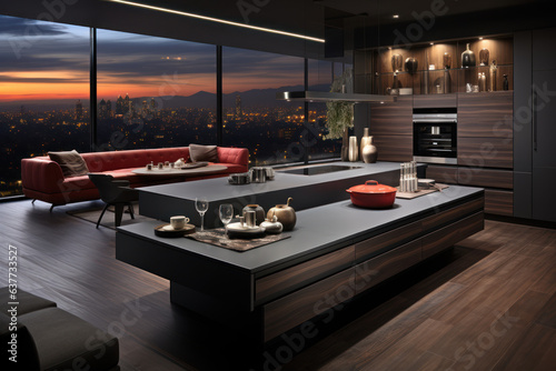 modern kitchen with glass doors and a view 