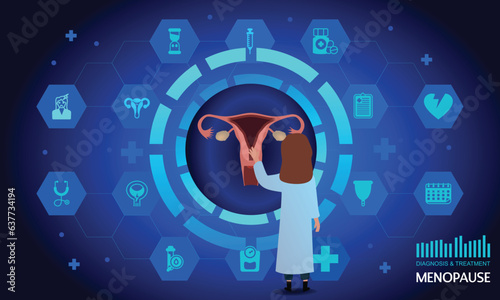 virtual Menopause. Сoncept of menopause and hormone replacement therapy. Multiple virtual medical icons.