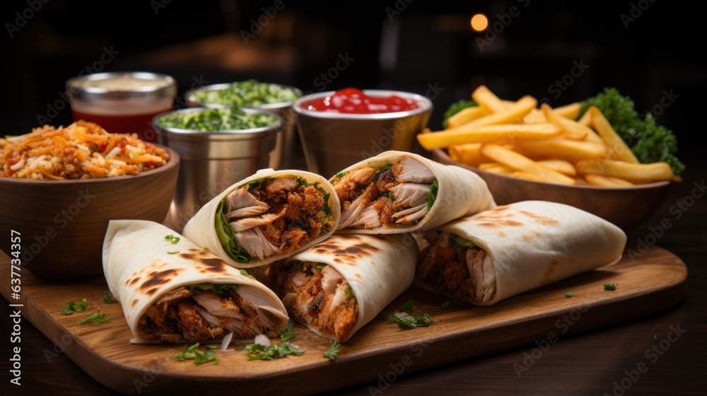 Delicious Mexican burritos stuffed with chicken. Delicious Mexican burritos stuffed with chicken.