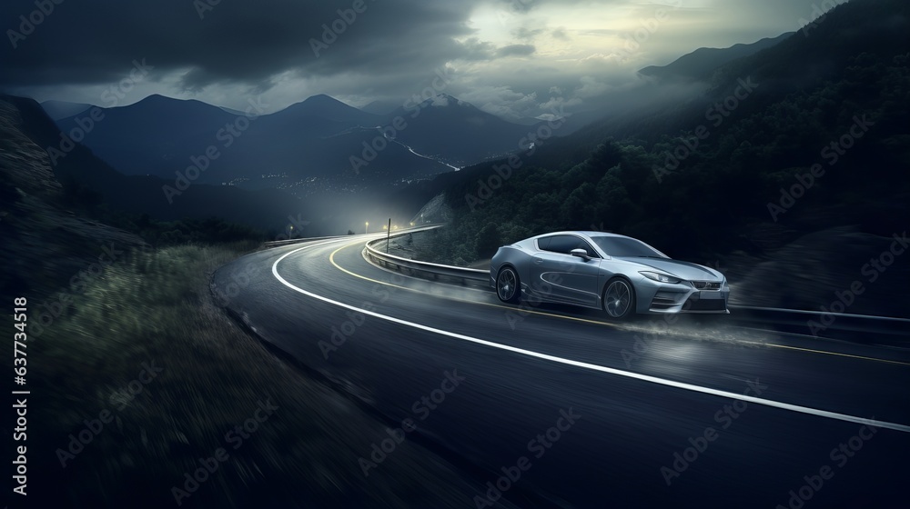 Speeding Elegance: Luxury Sports Car Races Through Serene Scenic Highway, Embraced by Lush Trees and Nature
