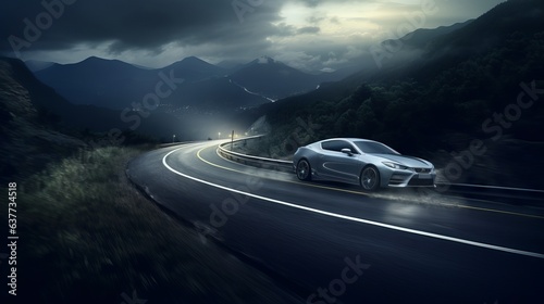 Speeding Elegance: Luxury Sports Car Races Through Serene Scenic Highway, Embraced by Lush Trees and Nature © Ameer