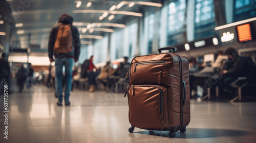 Suitcase in empty airport, vacation traveler cases in departure airport terminal waiting area